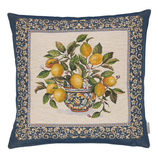 Lemons Vase Blue Woven Cushion - 42x42cm (17"x17"): Fibre Filler