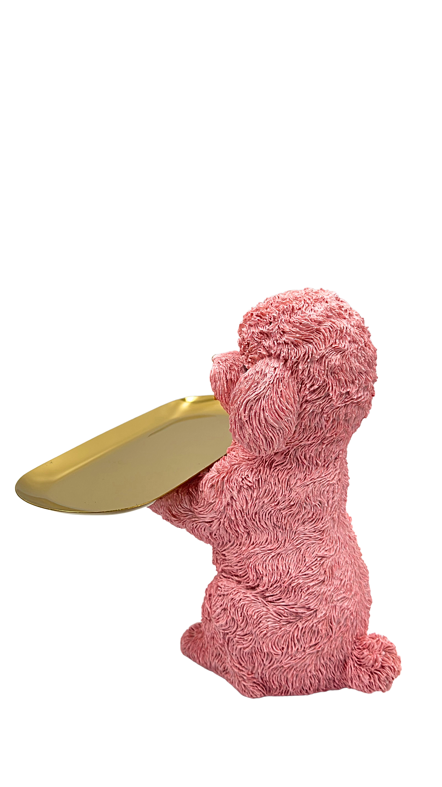 Pink Poodle Dog Holding Gold Tray