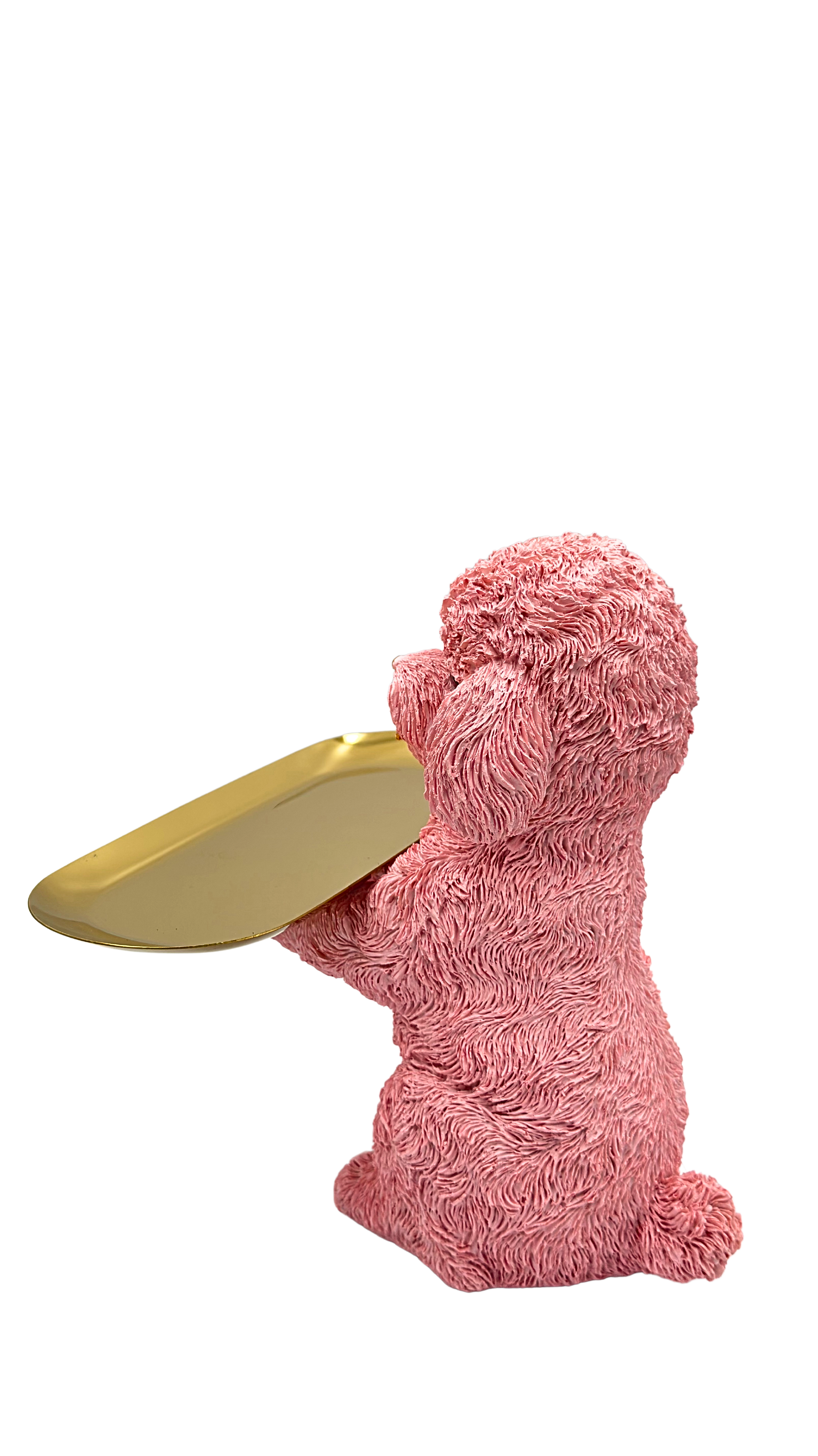 Pink Poodle Dog Holding Gold Tray