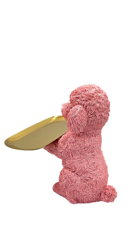Pink Poodle Dog Holding Gold Tray