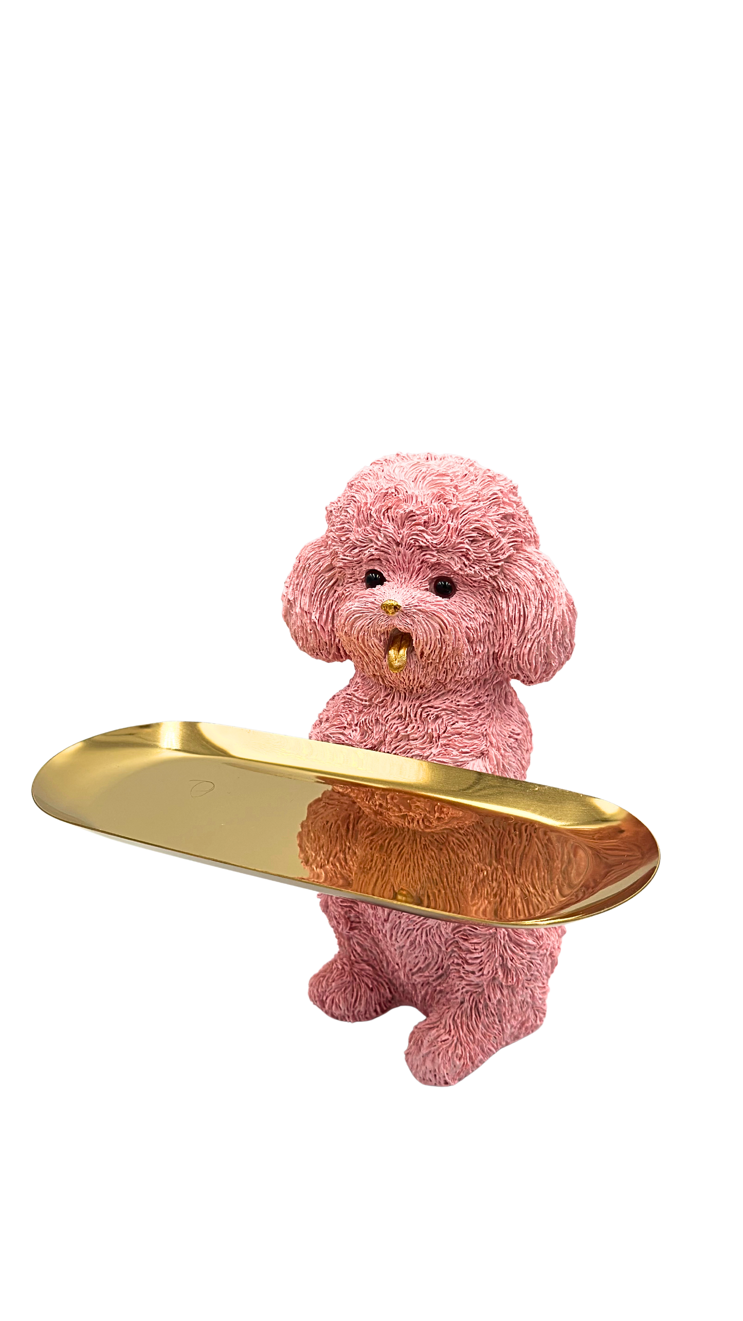 Pink Poodle Dog Holding Gold Tray