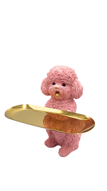 Pink Poodle Dog Holding Gold Tray