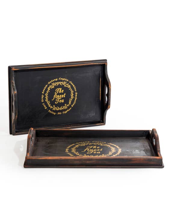 Set of 2 Antique Black Wooden 'Finest Tea' Trays