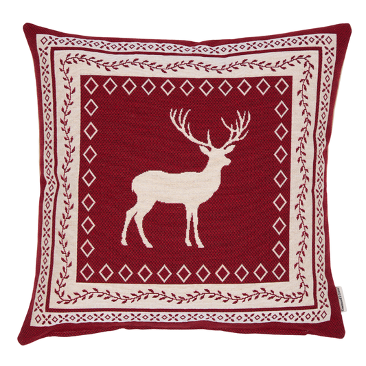 Nordic Stag Red Woven Cushion - 42x42cm (17"x17"): Fibre Filler
