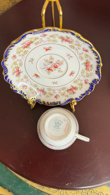 Coalport AD 1750 – Fine Bone China Teacup and Saucer – Pink Roses, Cobalt Blue & Gold Gilded – Made in England