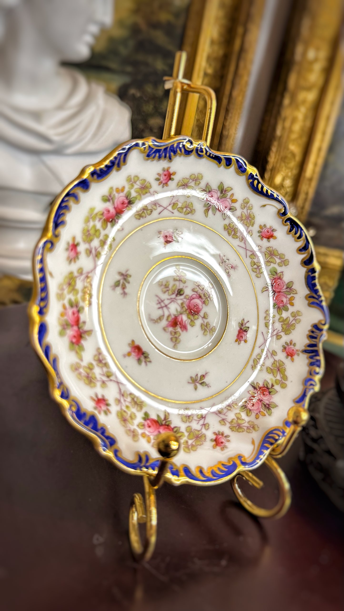 Coalport AD 1750 – Fine Bone China Teacup and Saucer – Pink Roses, Cobalt Blue & Gold Gilded – Made in England