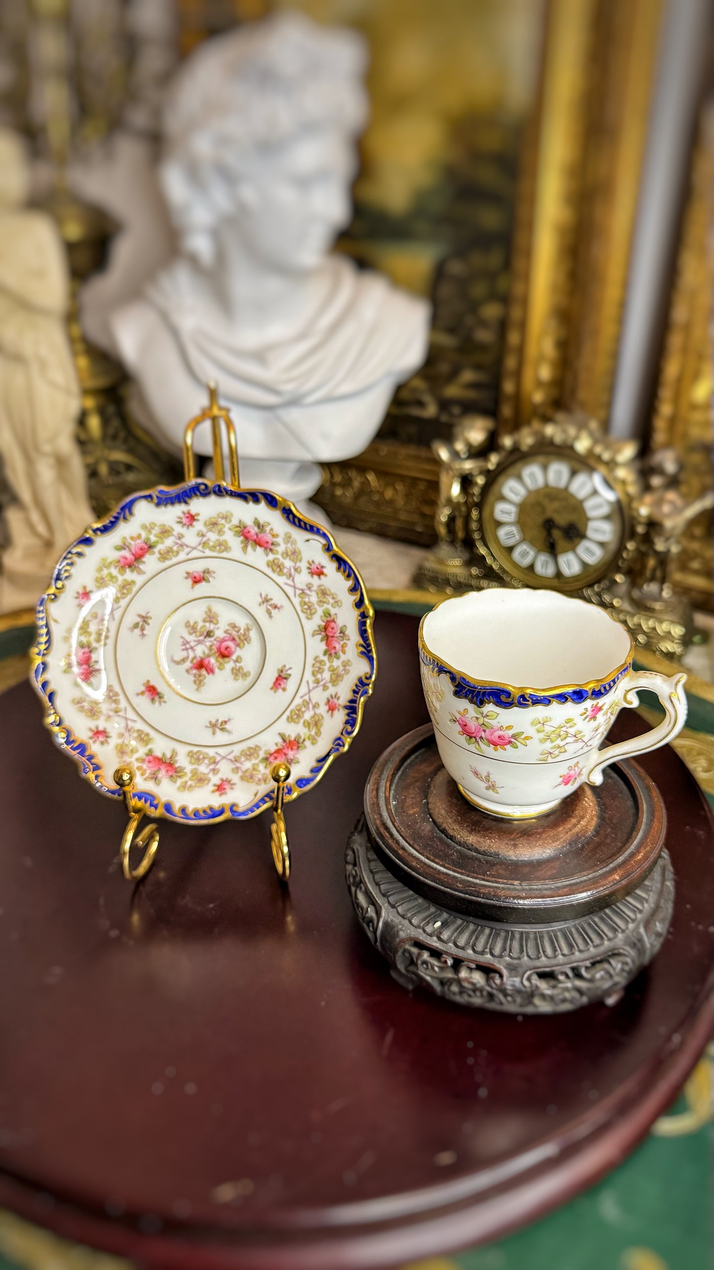 Coalport AD 1750 – Fine Bone China Teacup and Saucer – Pink Roses, Cobalt Blue & Gold Gilded – Made in England