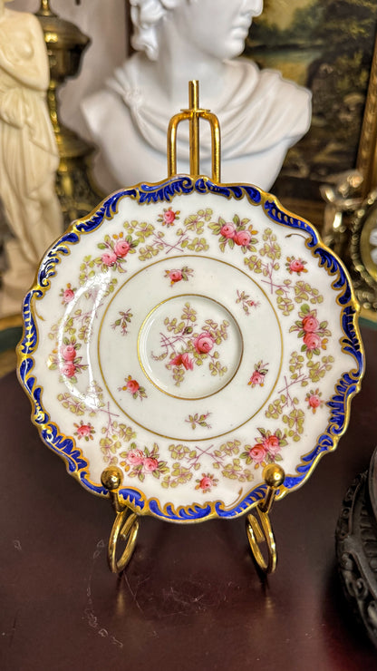 Coalport AD 1750 – Fine Bone China Teacup and Saucer – Pink Roses, Cobalt Blue & Gold Gilded – Made in England