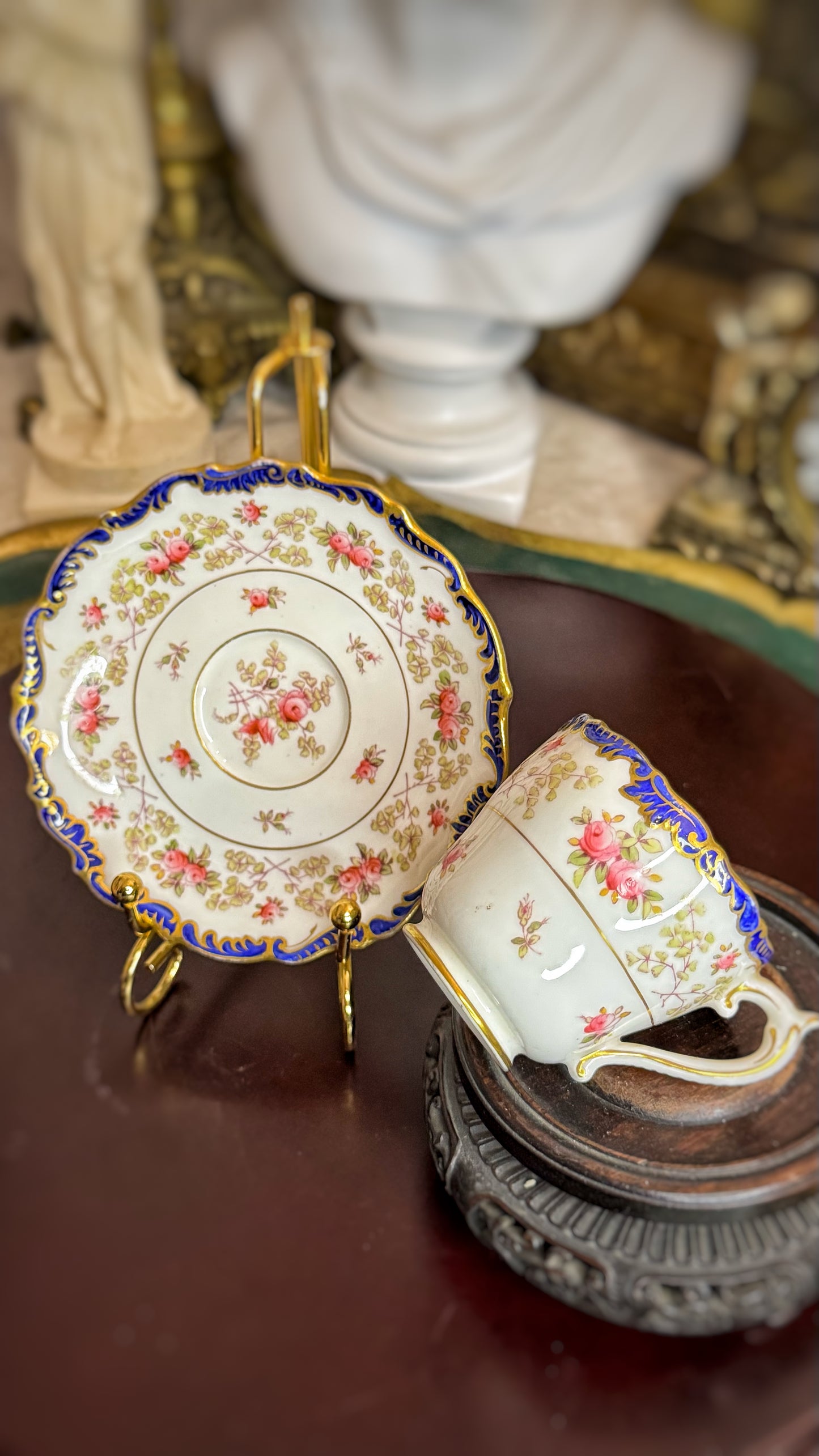 Coalport AD 1750 – Fine Bone China Teacup and Saucer – Pink Roses, Cobalt Blue & Gold Gilded – Made in England