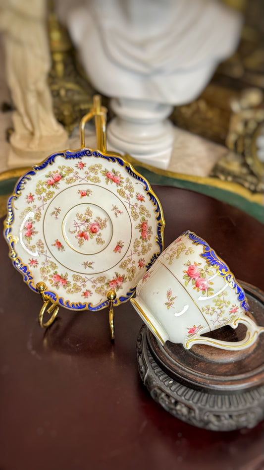 Coalport AD 1750 – Fine Bone China Teacup and Saucer – Pink Roses, Cobalt Blue & Gold Gilded – Made in England