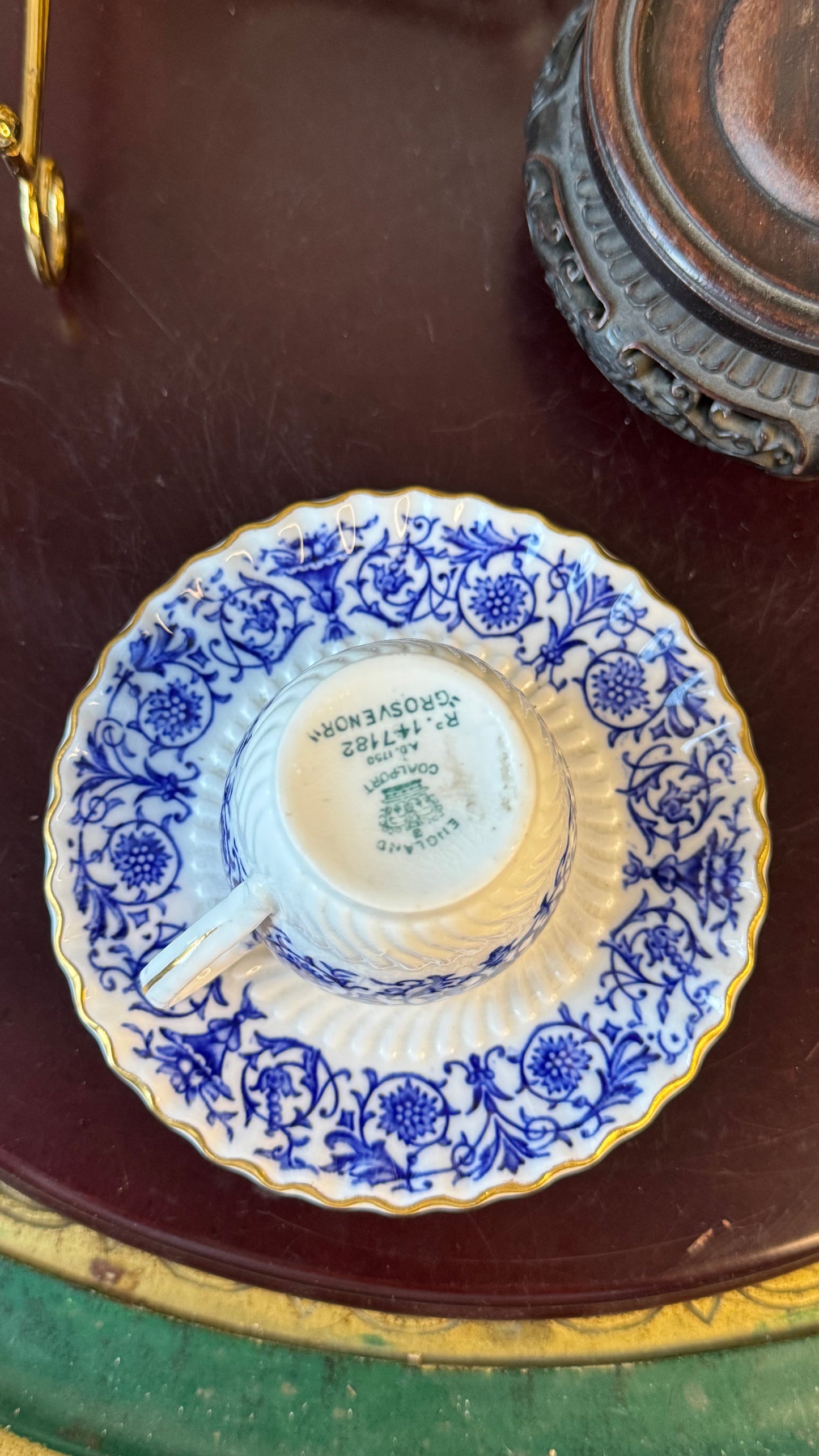 Antique Coalport "Grosvenor" Cup & Saucer – A/189 R2 – Blue & White – Circa 1900