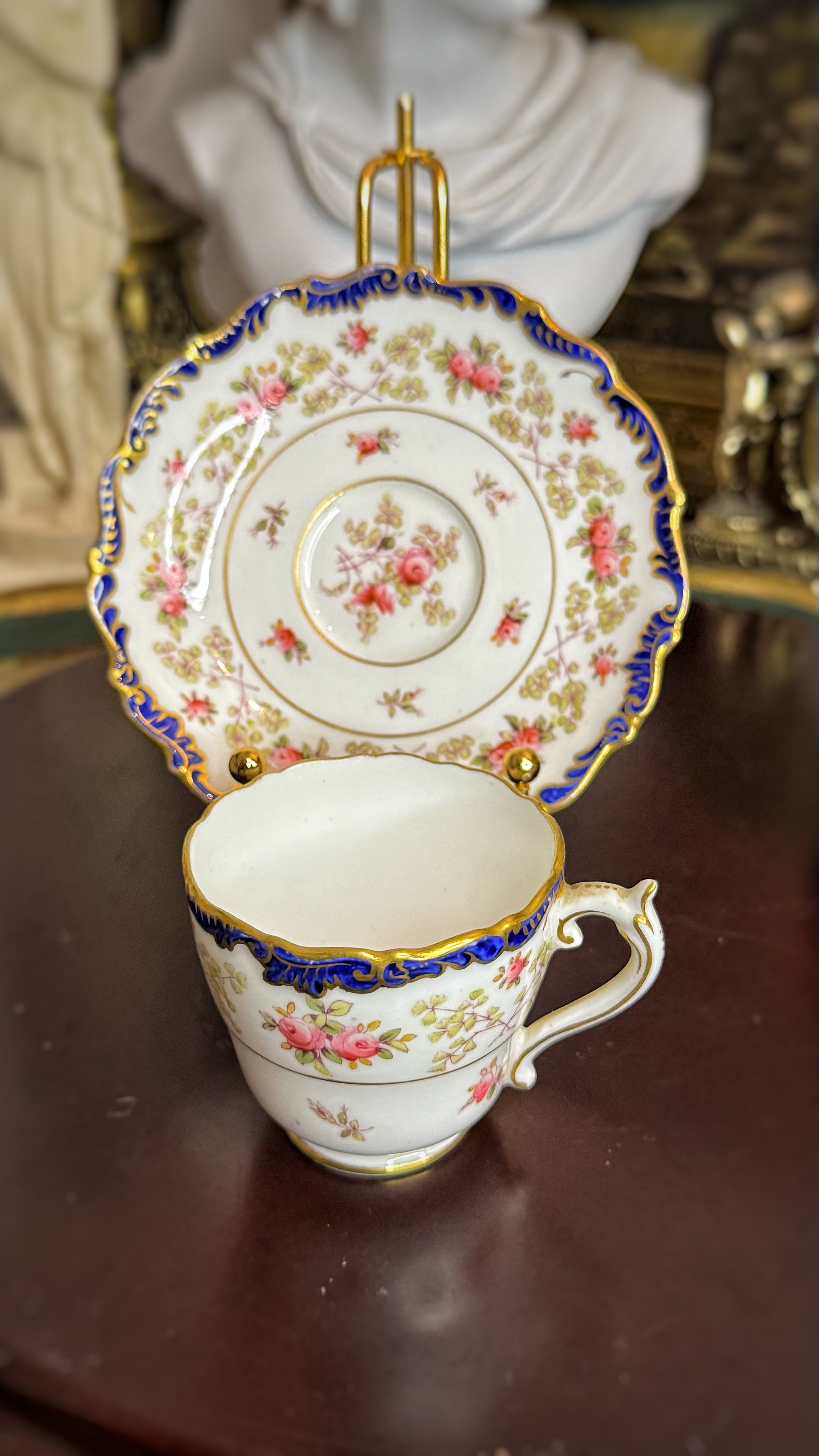 Coalport AD 1750 – Fine Bone China Teacup and Saucer – Pink Roses, Cobalt Blue & Gold Gilded – Made in England