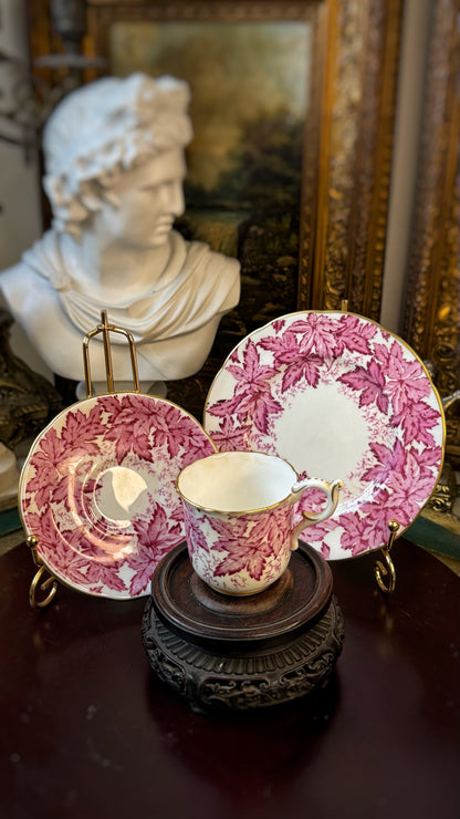 Antique Coalport Cup & Saucer with Plate – Maple Leaf Pattern, Hand-Gilded, Made in England