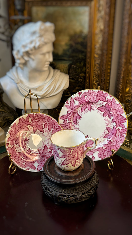Antique Coalport Cup & Saucer with Plate – Maple Leaf Pattern, Hand-Gilded, Made in England