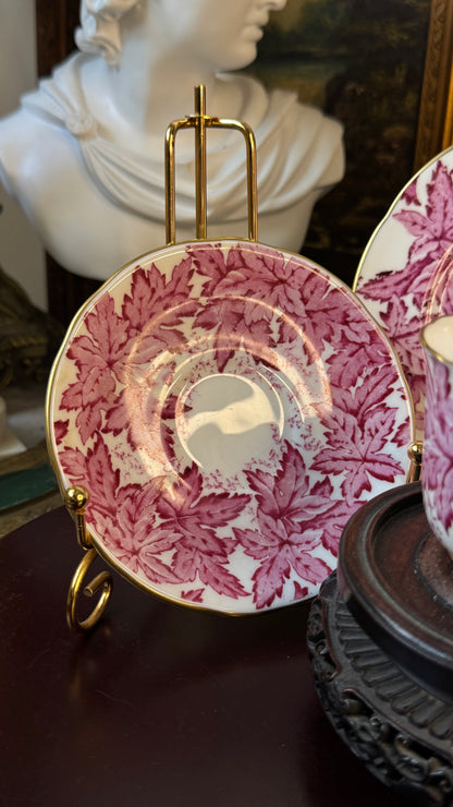 Antique Coalport Cup & Saucer with Plate – Maple Leaf Pattern, Hand-Gilded, Made in England