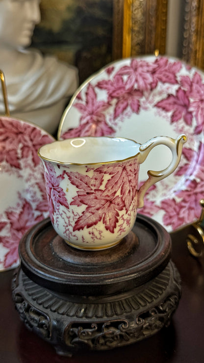 Antique Coalport Cup & Saucer with Plate – Maple Leaf Pattern, Hand-Gilded, Made in England