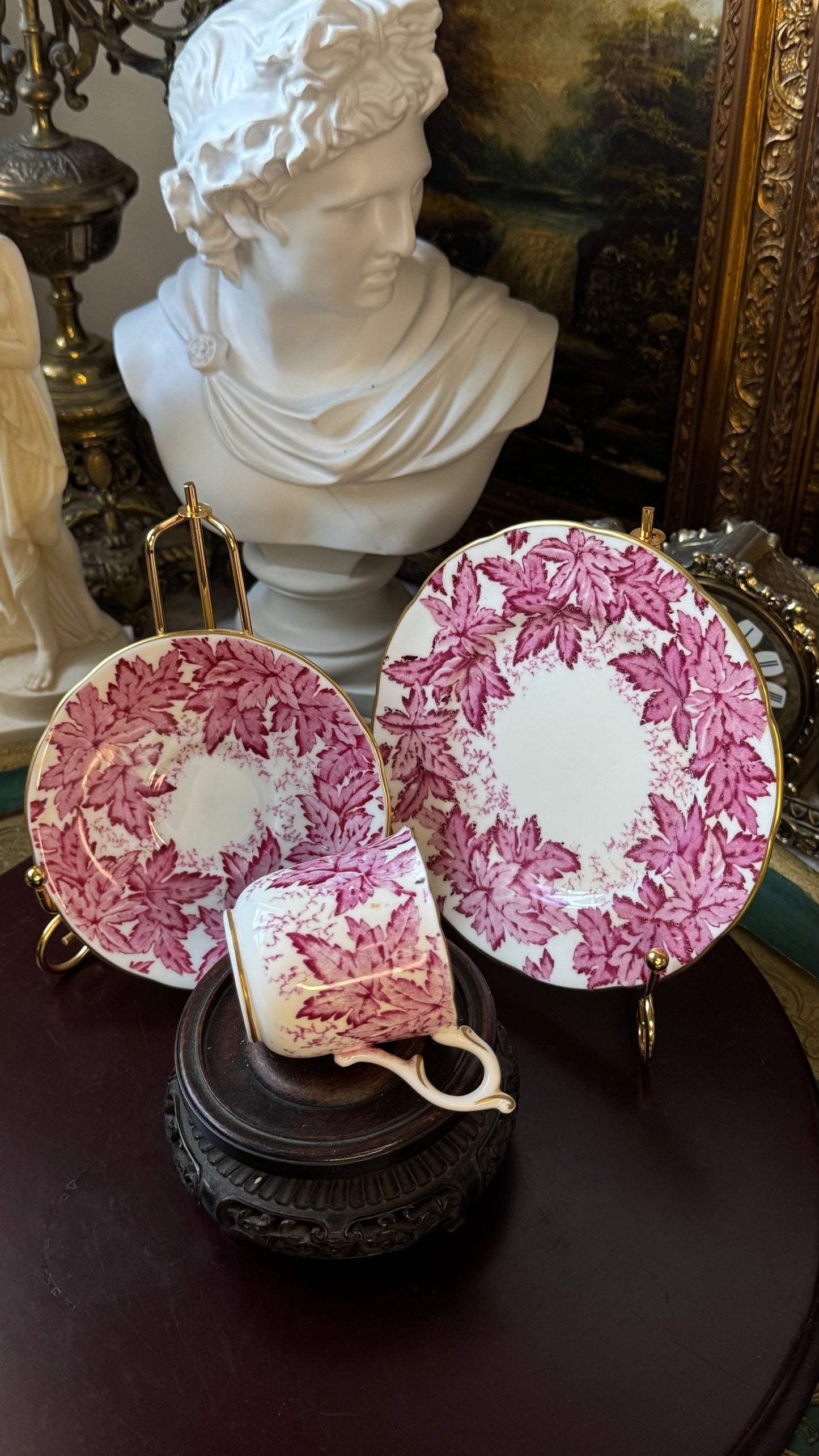 Antique Coalport Cup & Saucer with Plate – Maple Leaf Pattern, Hand-Gilded, Made in England