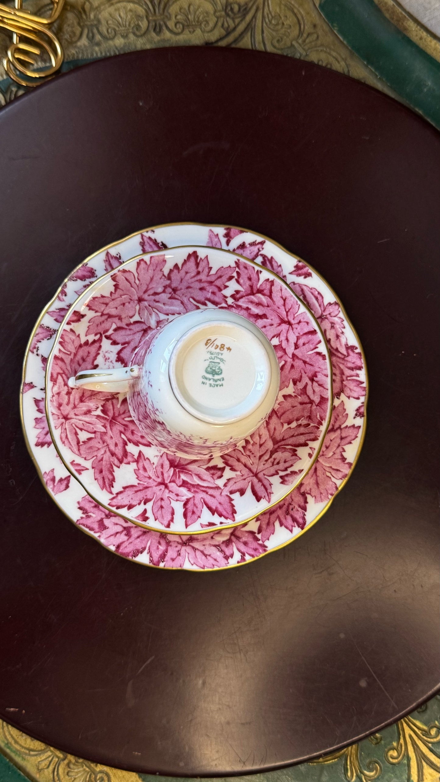 Antique Coalport Cup & Saucer with Plate – Maple Leaf Pattern, Hand-Gilded, Made in England