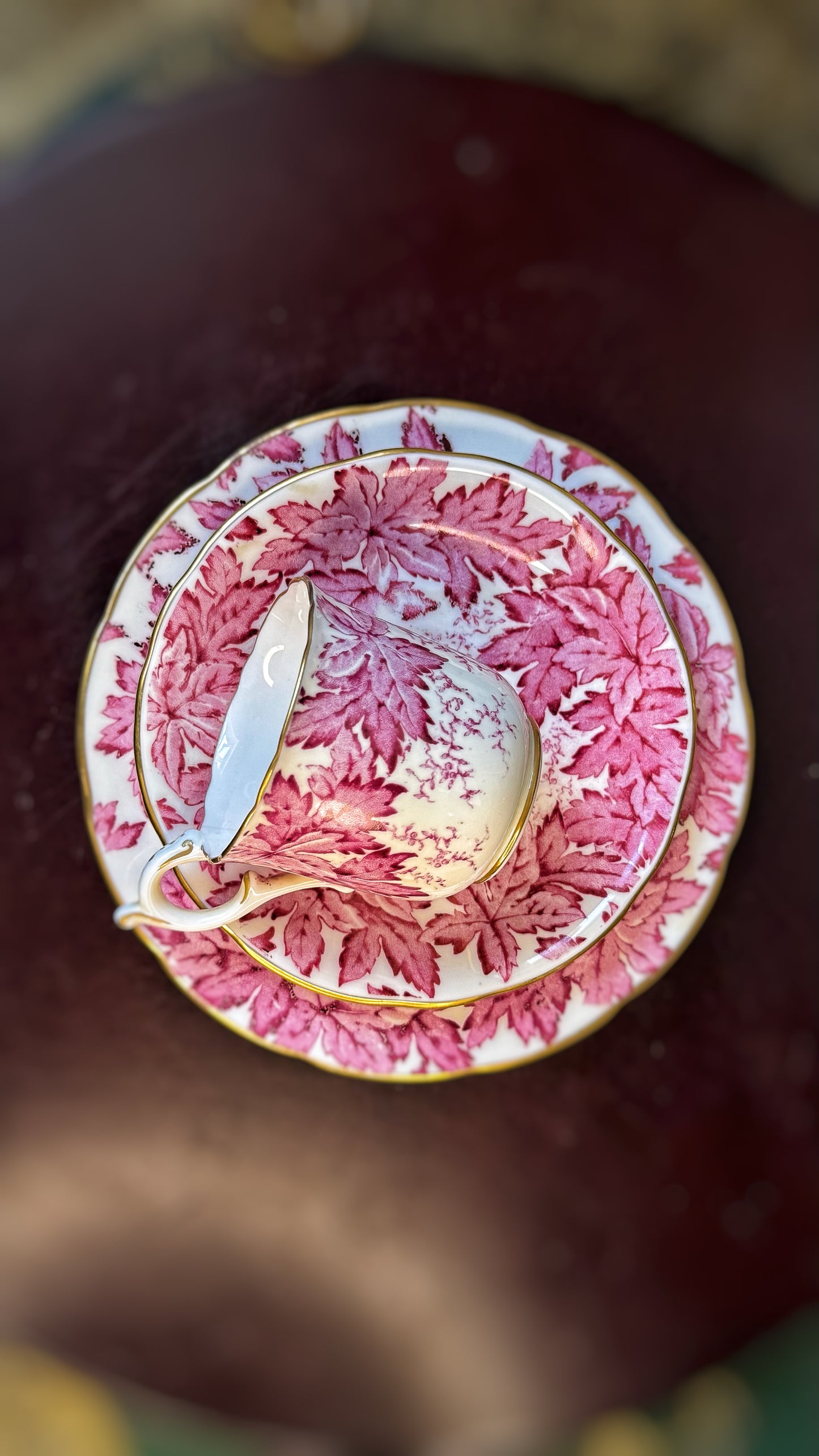 Antique Coalport Cup & Saucer with Plate – Maple Leaf Pattern, Hand-Gilded, Made in England