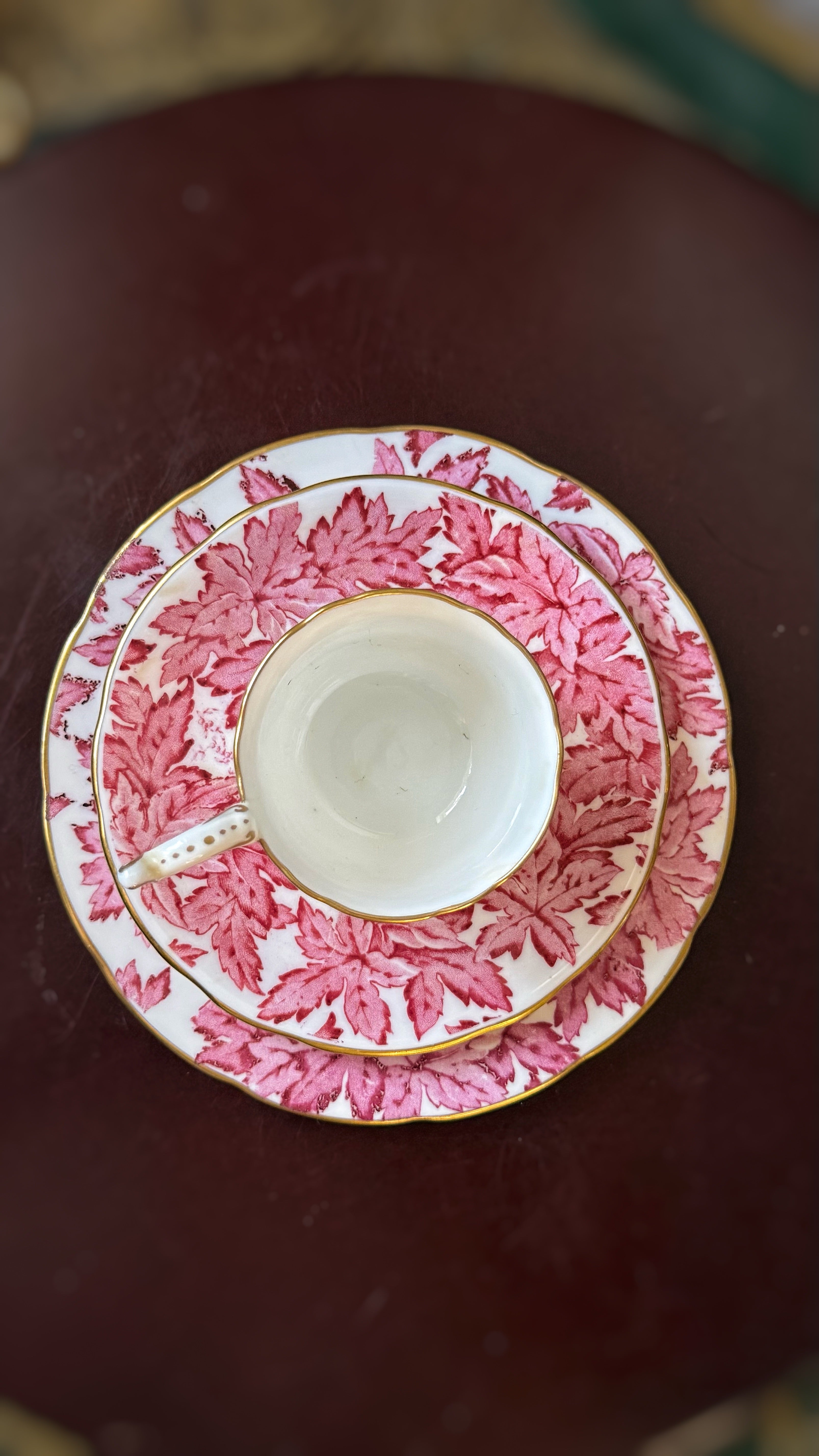 Antique Coalport Cup & Saucer with Plate – Maple Leaf Pattern, Hand-Gilded, Made in England