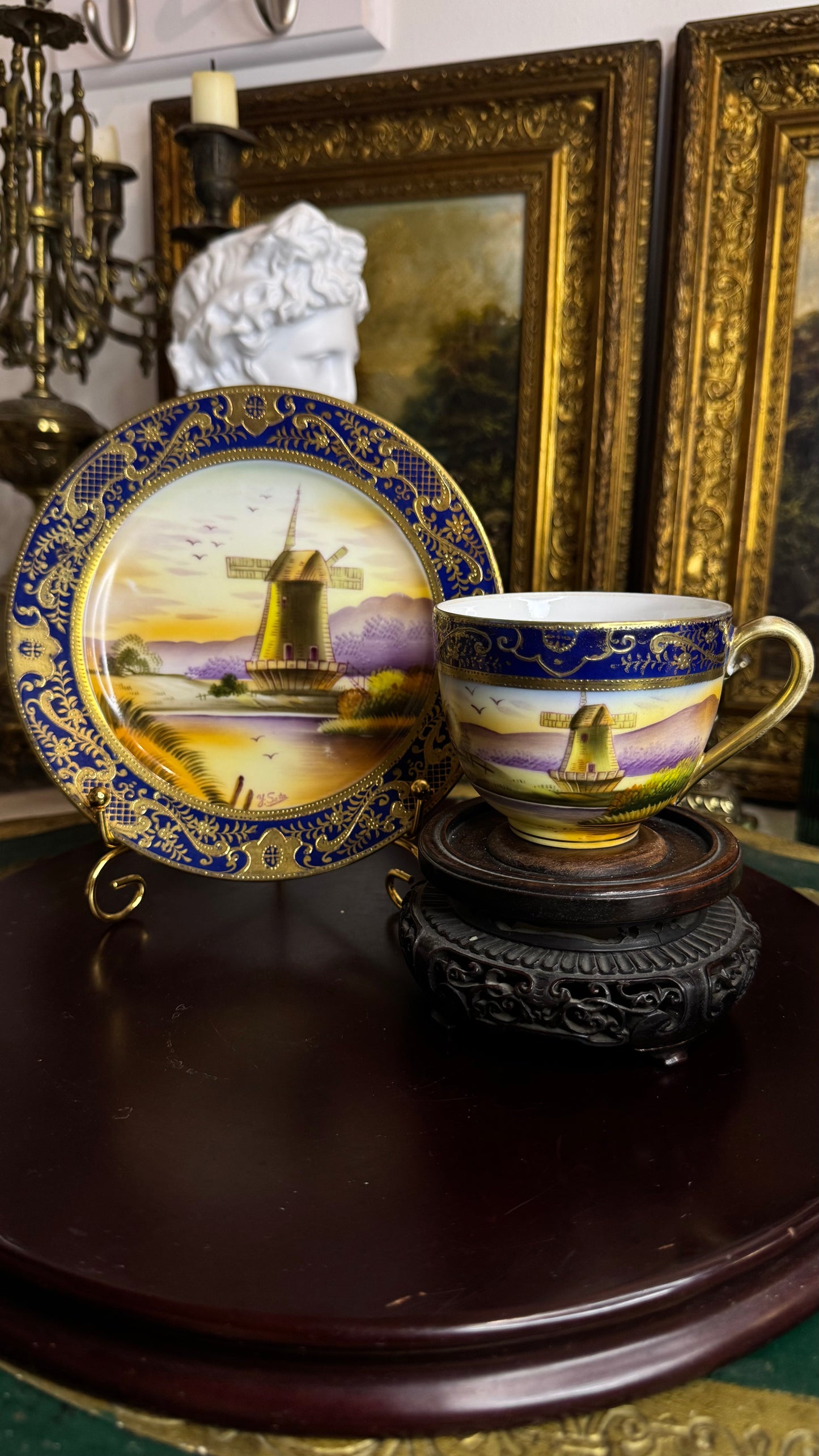 Old Mill China – Hand-Painted Windmill (Cup, Saucer), Artist-Signed, Cobalt & Raised Gilt – Japan, mid-20th c.