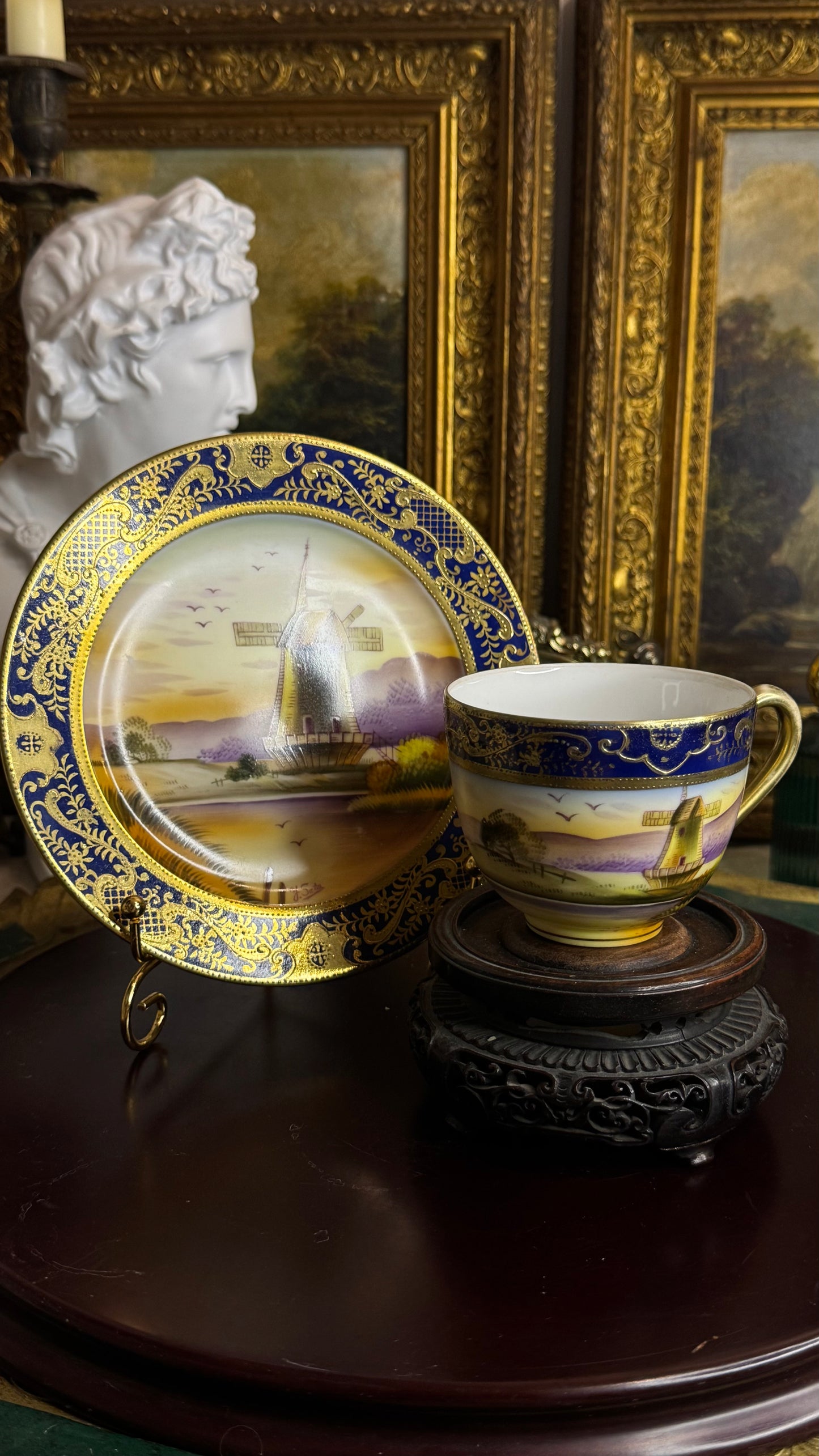 Old Mill China – Hand-Painted Windmill (Cup, Saucer), Artist-Signed, Cobalt & Raised Gilt – Japan, mid-20th c.