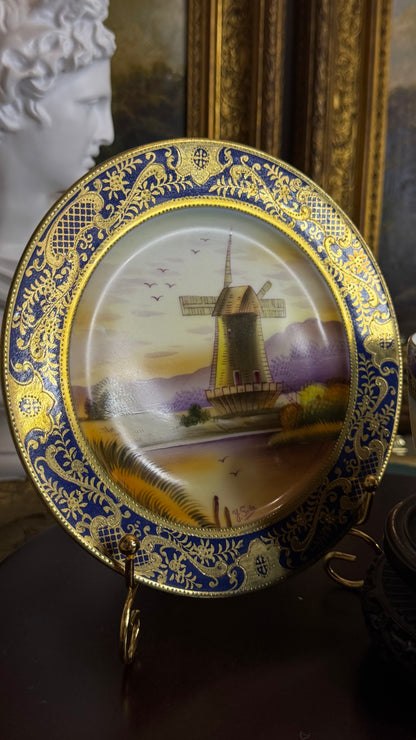 Old Mill China – Hand-Painted Windmill (Cup, Saucer), Artist-Signed, Cobalt & Raised Gilt – Japan, mid-20th c.