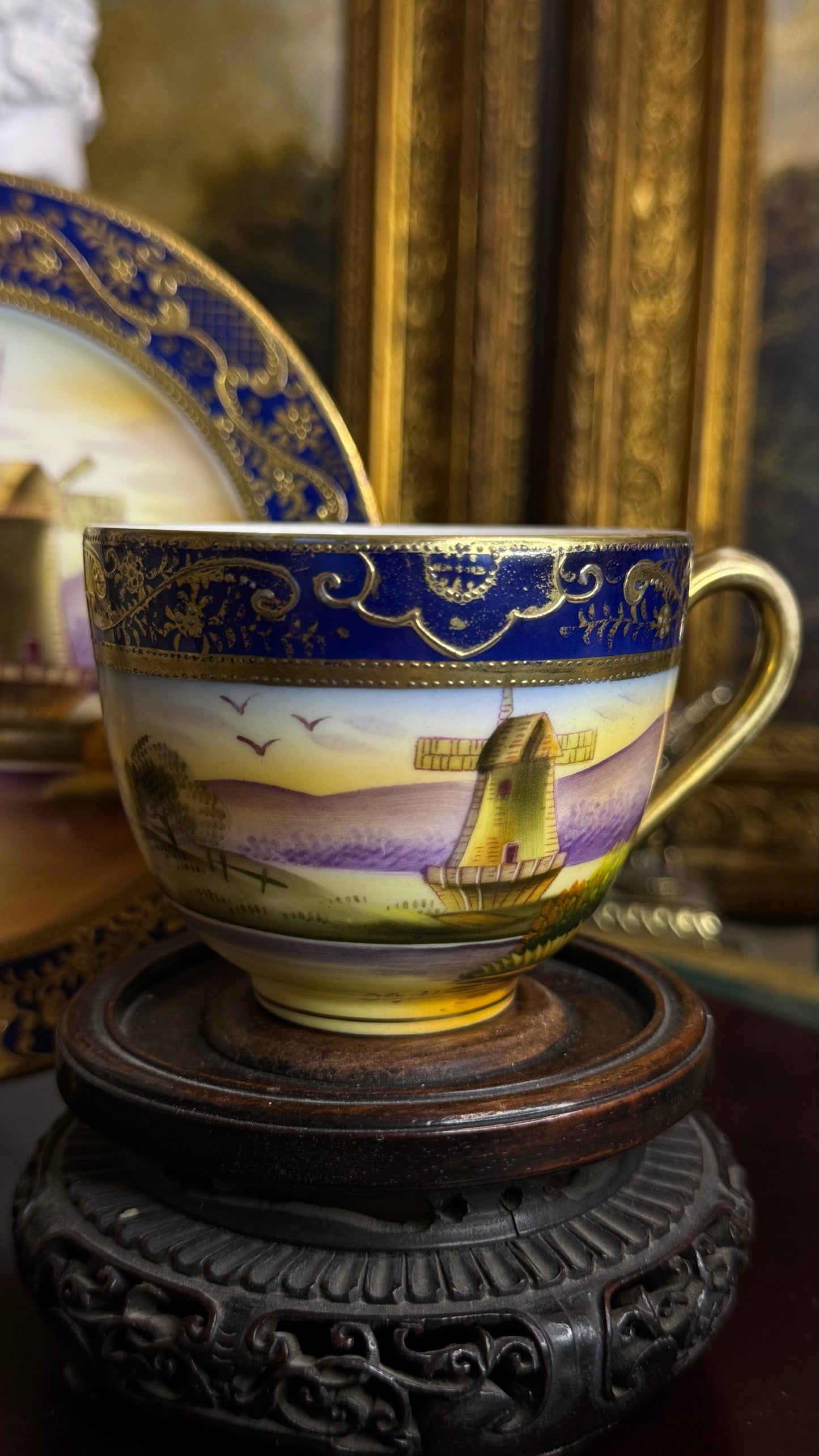 Old Mill China – Hand-Painted Windmill (Cup, Saucer), Artist-Signed, Cobalt & Raised Gilt – Japan, mid-20th c.