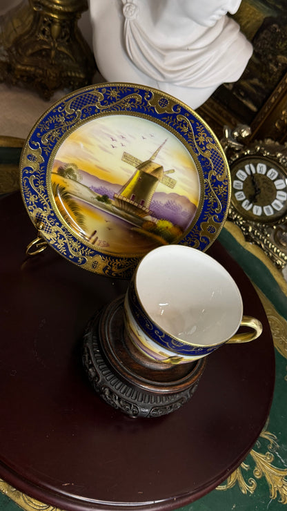 Old Mill China – Hand-Painted Windmill (Cup, Saucer), Artist-Signed, Cobalt & Raised Gilt – Japan, mid-20th c.