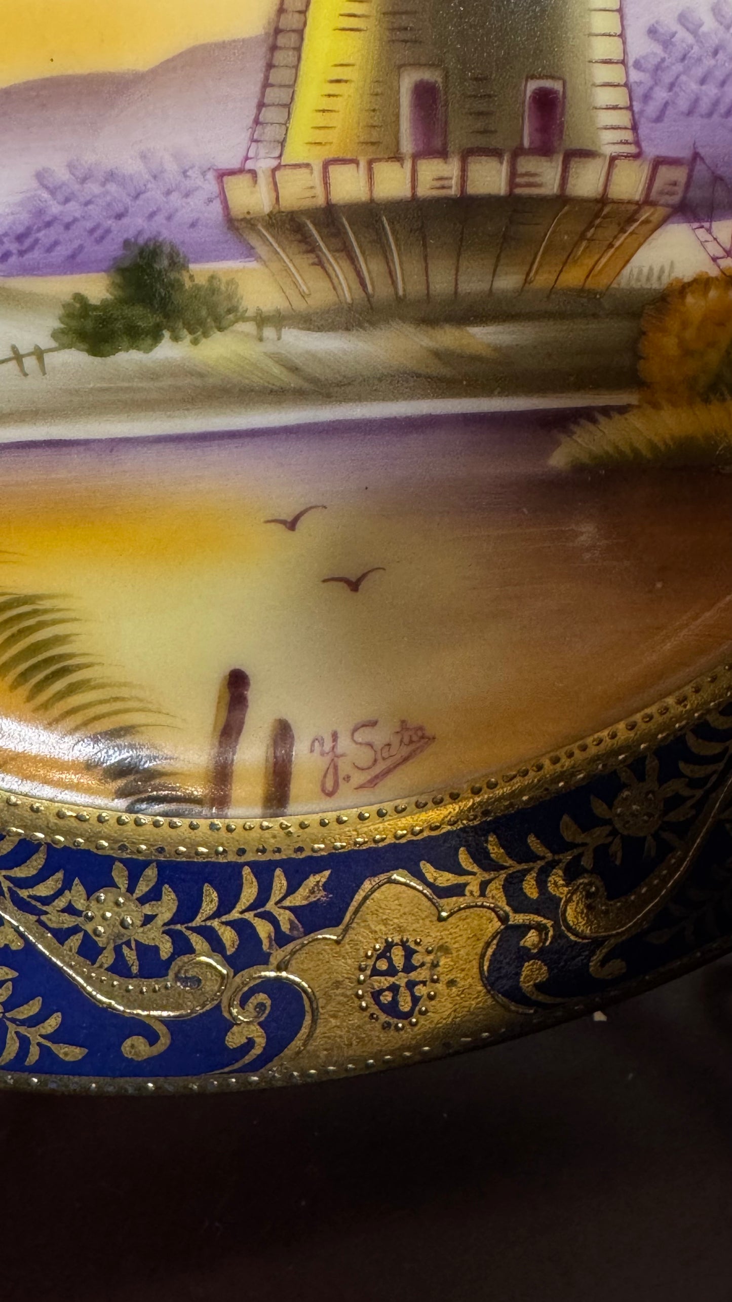 Old Mill China – Hand-Painted Windmill (Cup, Saucer), Artist-Signed, Cobalt & Raised Gilt – Japan, mid-20th c.