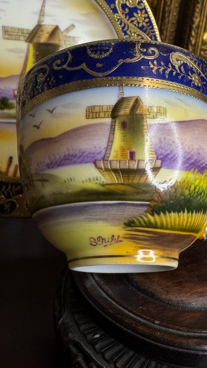 Old Mill China – Hand-Painted Windmill (Cup, Saucer), Artist-Signed, Cobalt & Raised Gilt – Japan, mid-20th c.