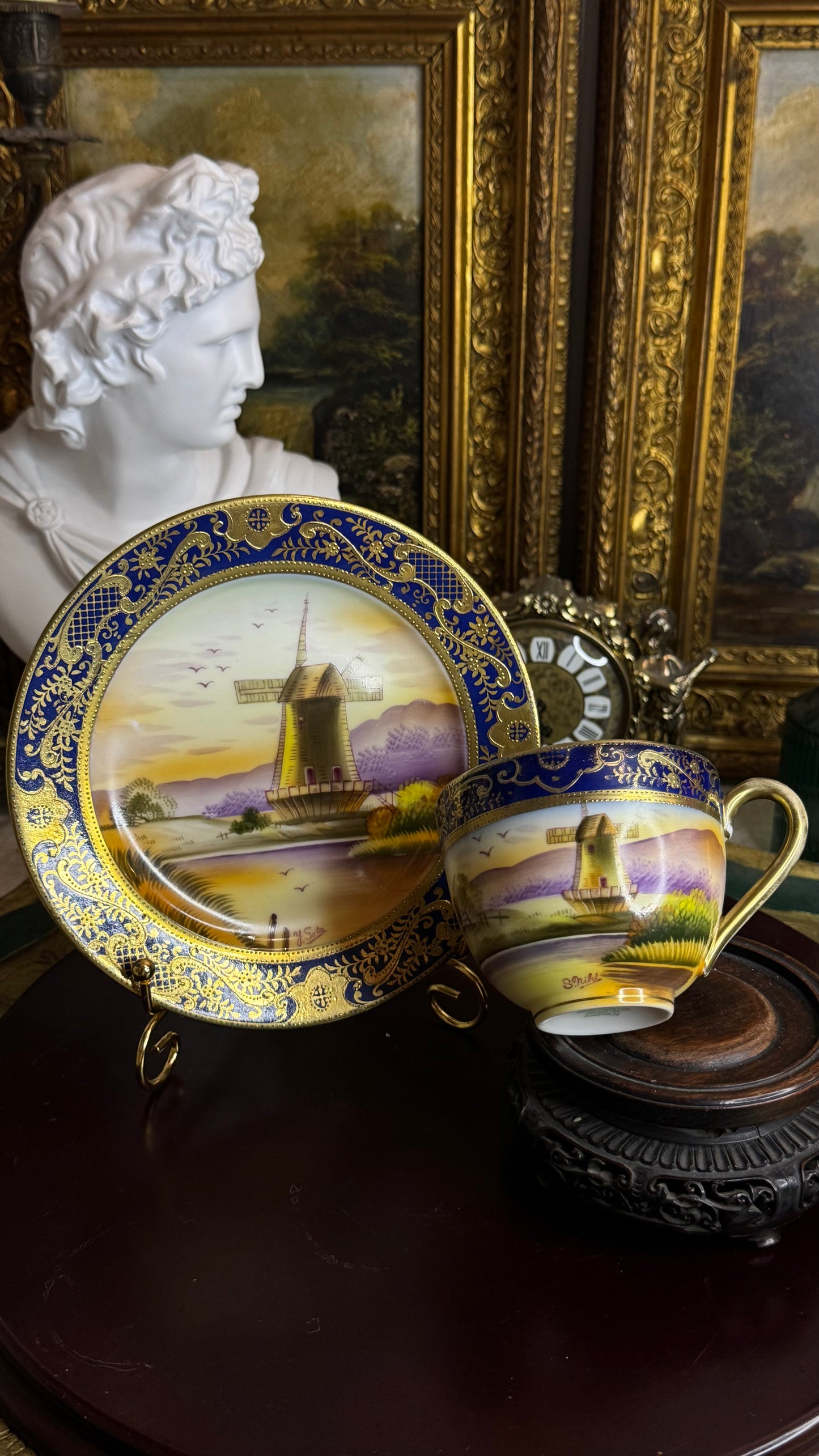 Old Mill China – Hand-Painted Windmill (Cup, Saucer), Artist-Signed, Cobalt & Raised Gilt – Japan, mid-20th c.