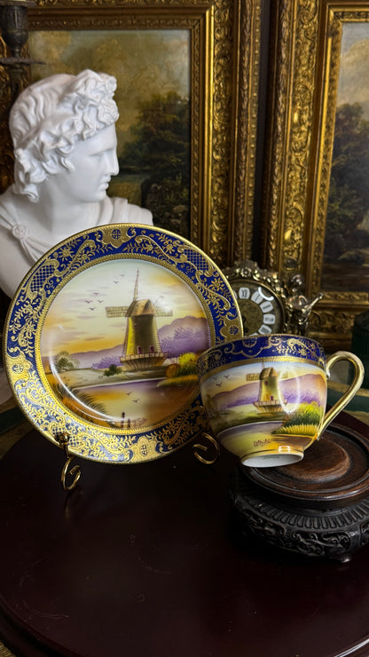 Old Mill China – Hand-Painted Windmill (Cup, Saucer), Artist-Signed, Cobalt & Raised Gilt – Japan, mid-20th c.