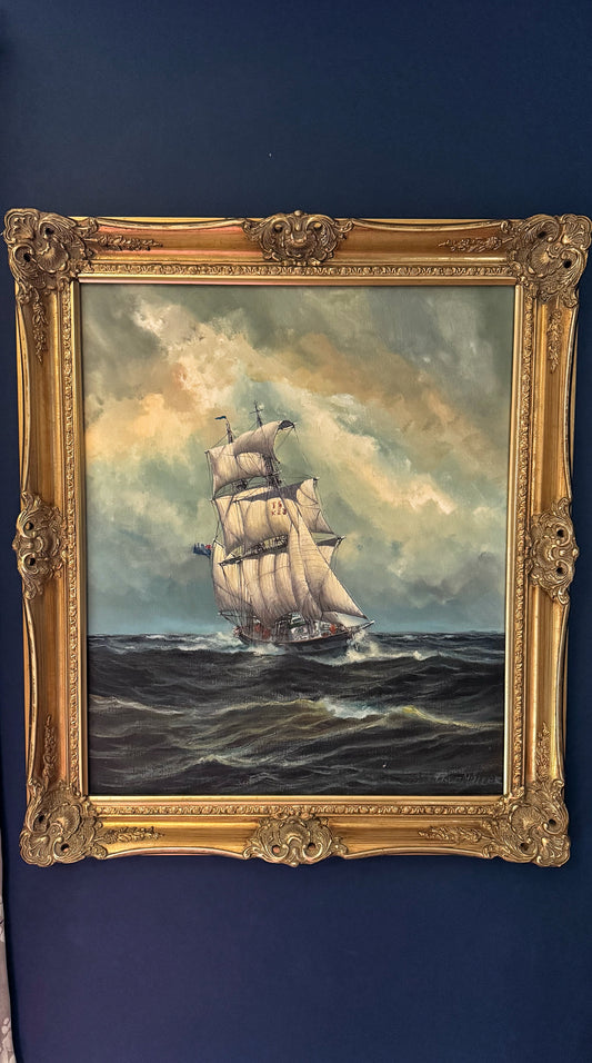 Fred Müller Signed Oil Painting – Sailing Ship at Sea – 64×78 cm – Antique Maritime Art with Ornate Gilt Frame