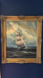 Fred Müller Signed Oil Painting – Sailing Ship at Sea – 64×78 cm – Antique Maritime Art with Ornate Gilt Frame
