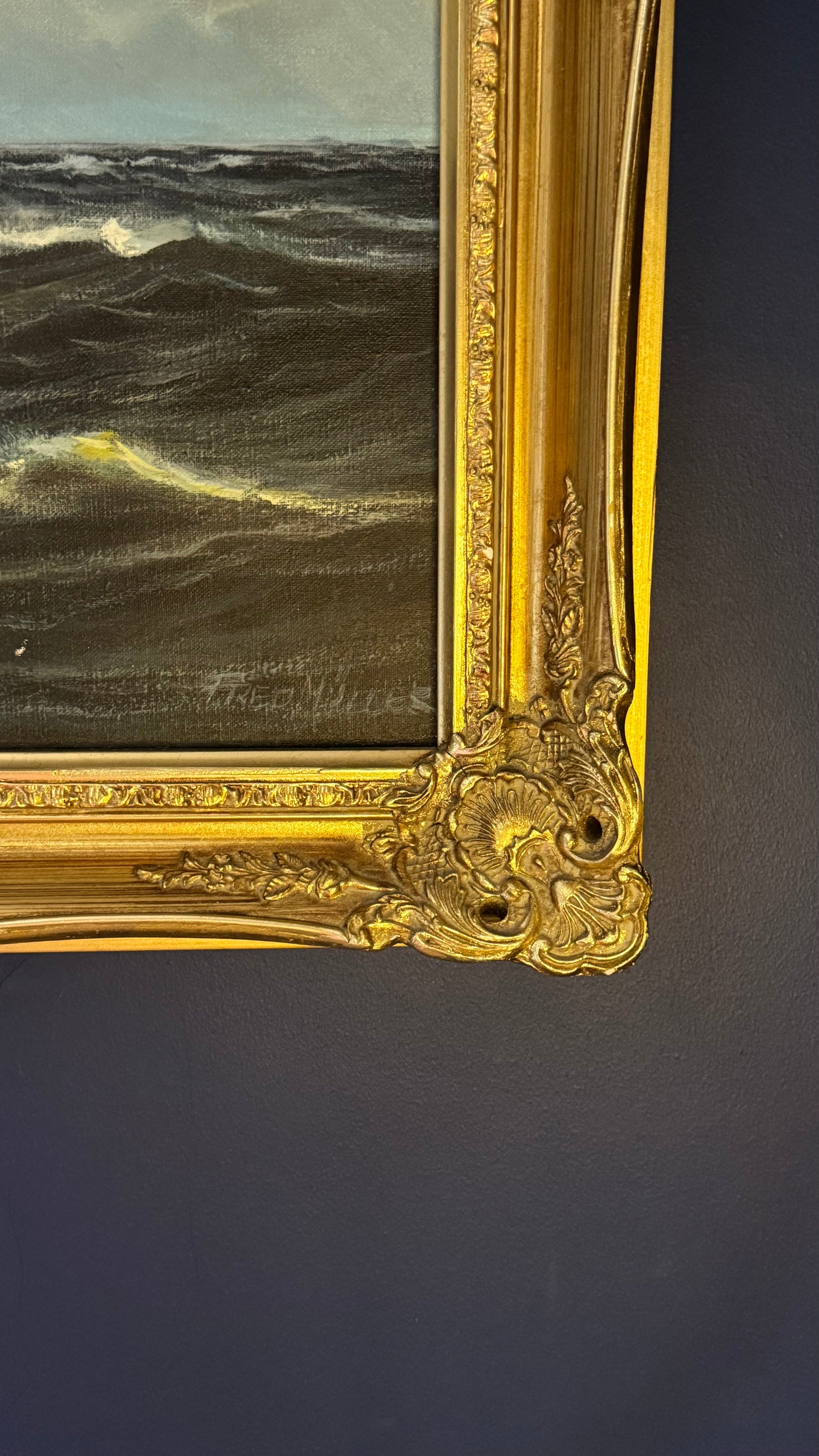 Fred Müller Signed Oil Painting – Sailing Ship at Sea – 64×78 cm – Antique Maritime Art with Ornate Gilt Frame