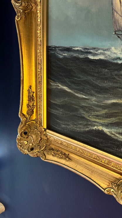 Fred Müller Signed Oil Painting – Sailing Ship at Sea – 64×78 cm – Antique Maritime Art with Ornate Gilt Frame