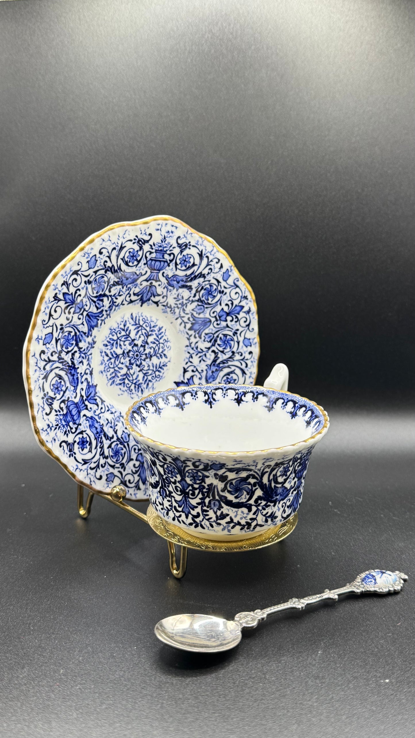 Coalport 19th Century | Cup & Saucer & Tea Spoon | Gold & Blue & White