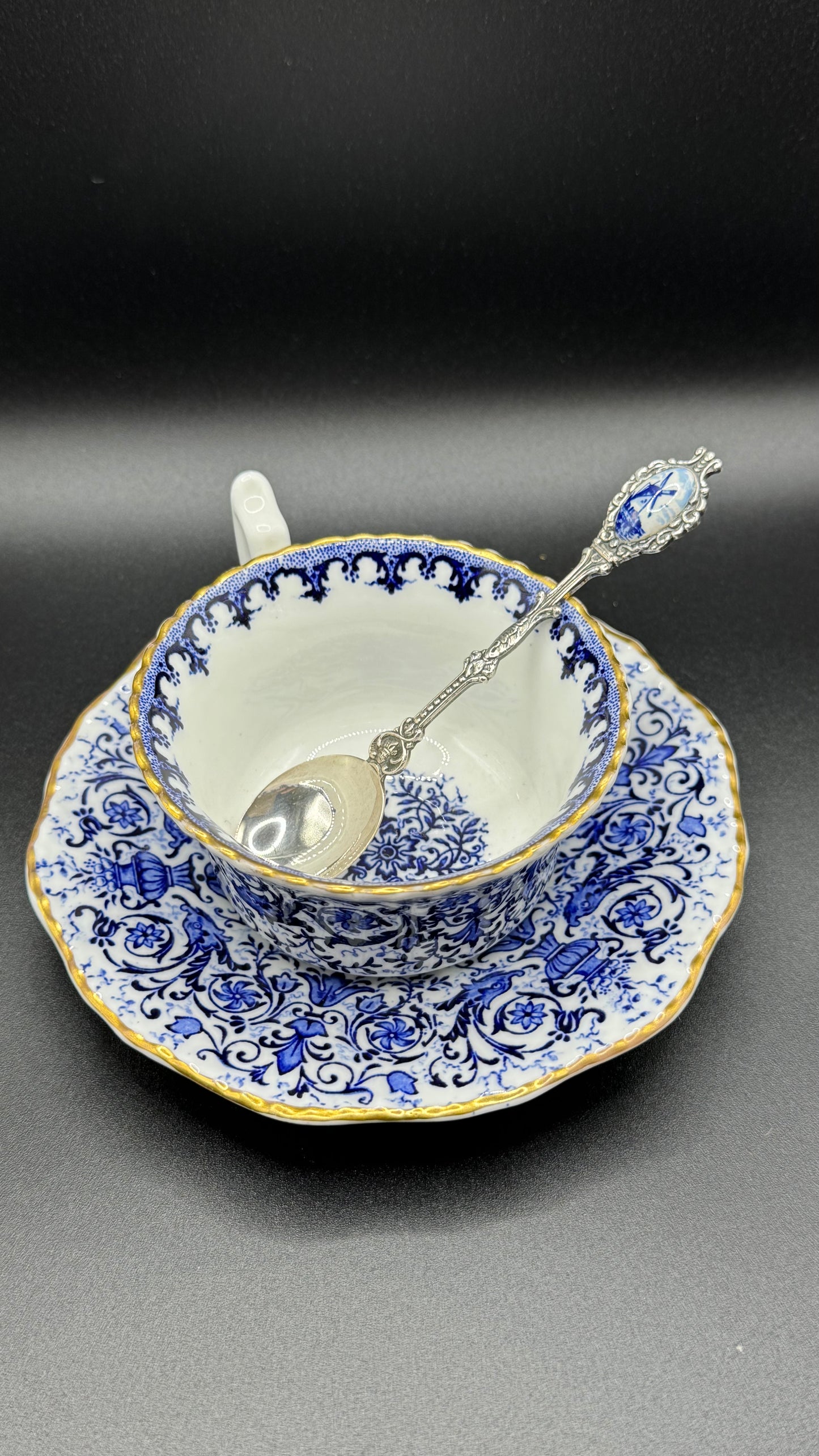Coalport 19th Century | Cup & Saucer & Tea Spoon | Gold & Blue & White