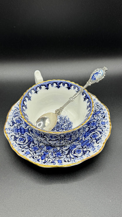 Coalport 19th Century | Cup & Saucer & Tea Spoon | Gold & Blue & White