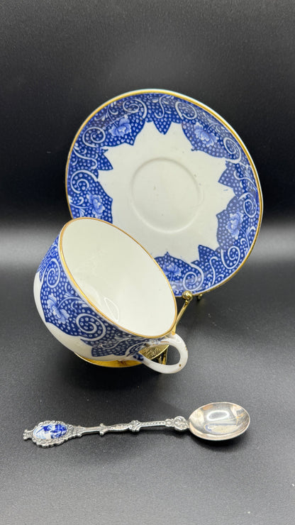 Coalport 19th Century Cup & Saucer | Gold Glazed & White & Blue