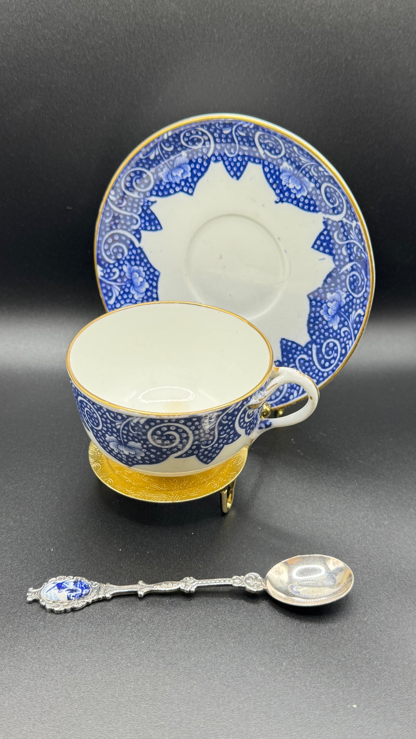 Coalport 19th Century Cup & Saucer | Gold Glazed & White & Blue