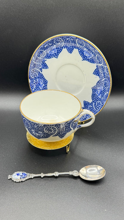Coalport 19th Century Cup & Saucer | Gold Glazed & White & Blue