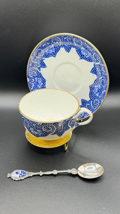 Coalport 19th Century Cup & Saucer | Gold Glazed & White & Blue
