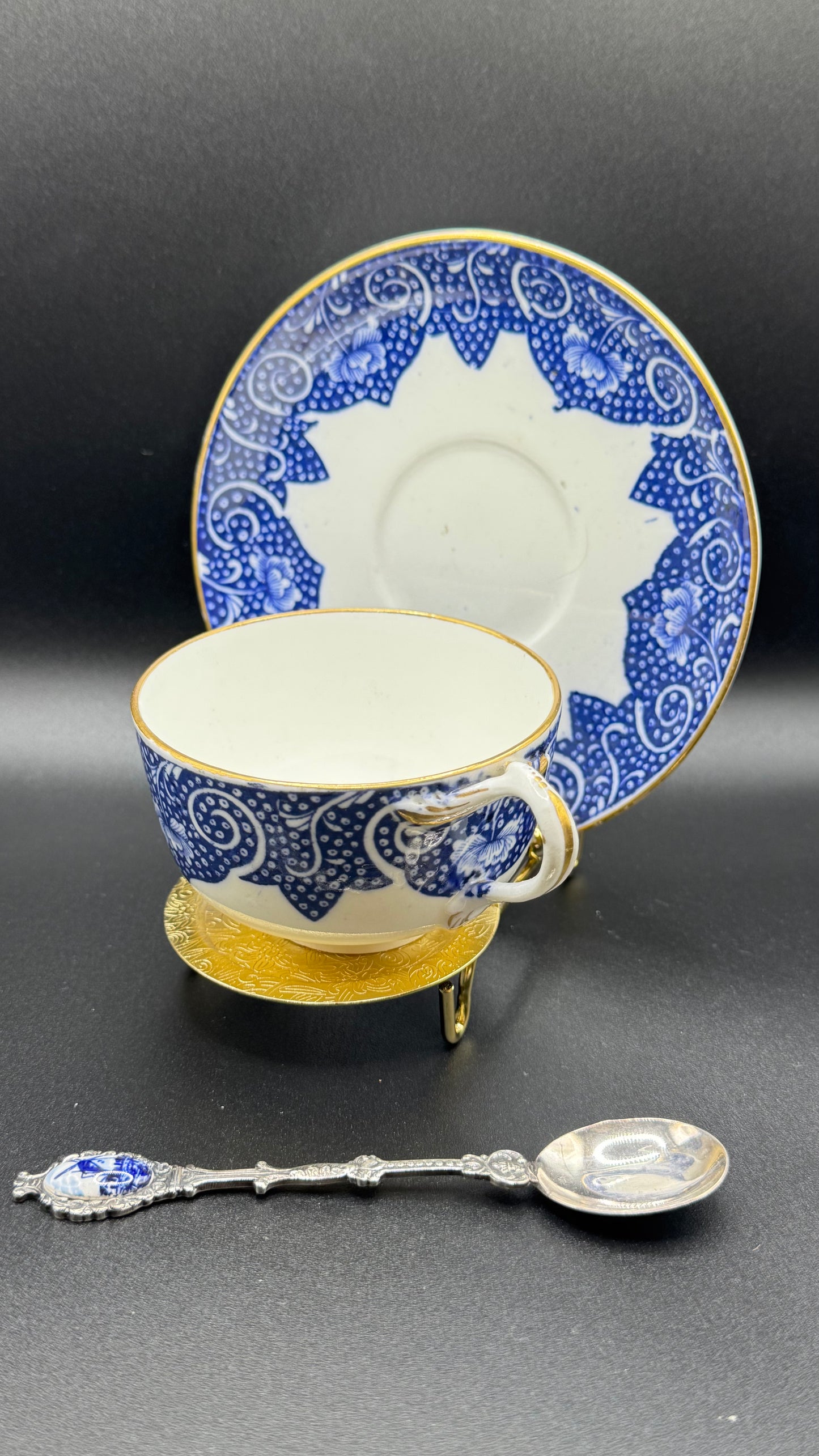 Coalport 19th Century Cup & Saucer | Gold Glazed & White & Blue