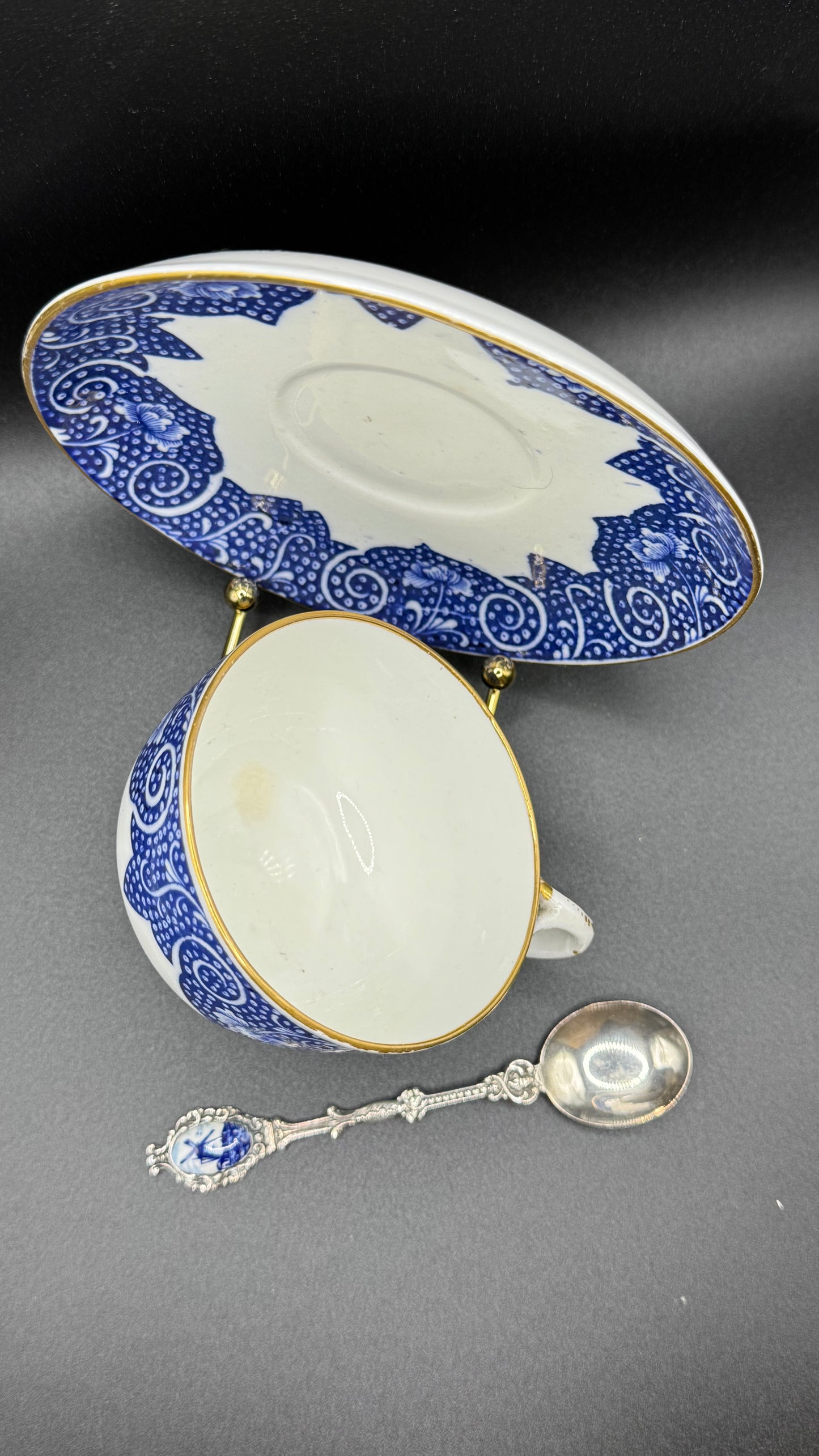 Coalport 19th Century Cup & Saucer | Gold Glazed & White & Blue