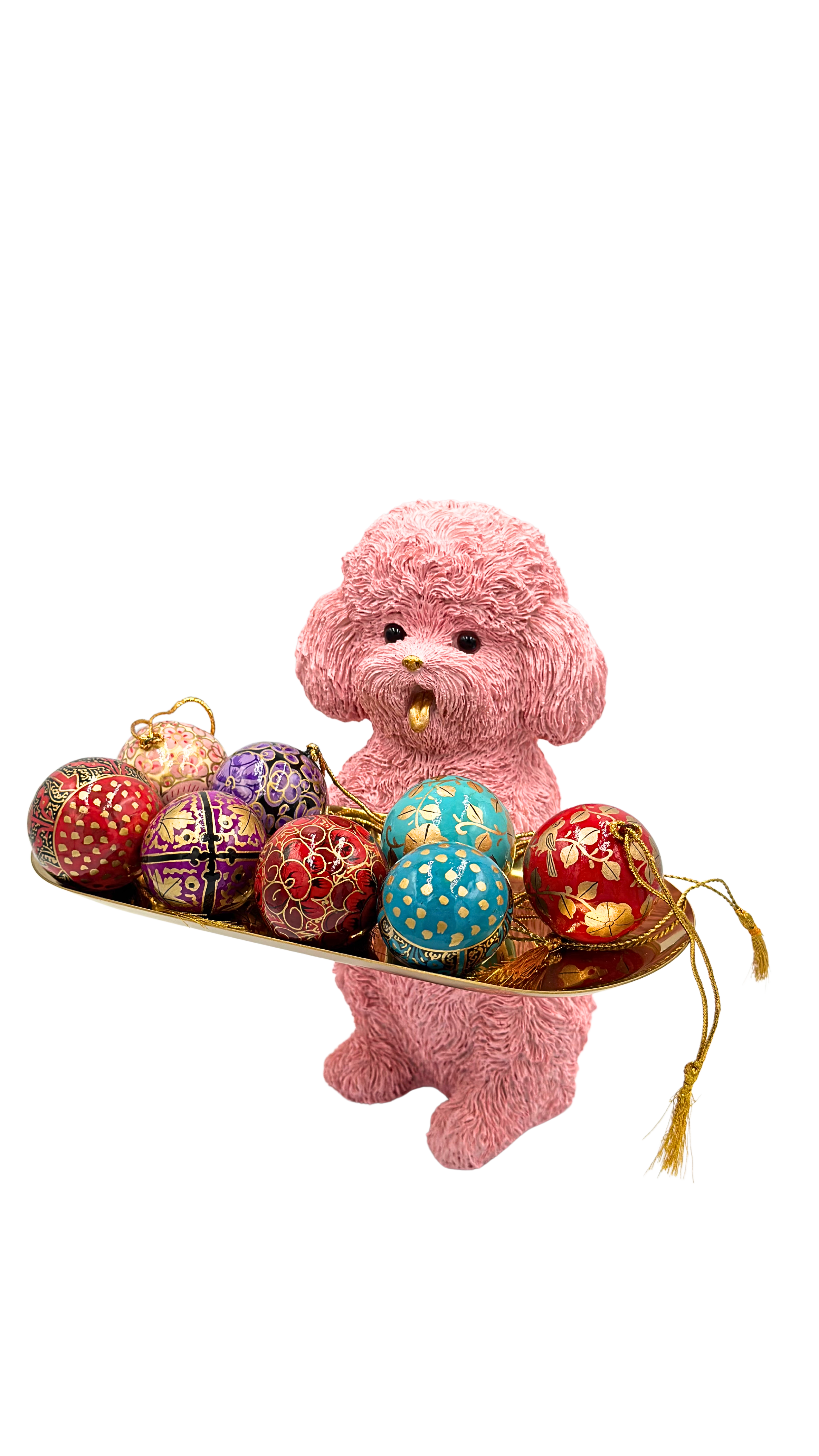 Pink Poodle Dog Holding Gold Tray