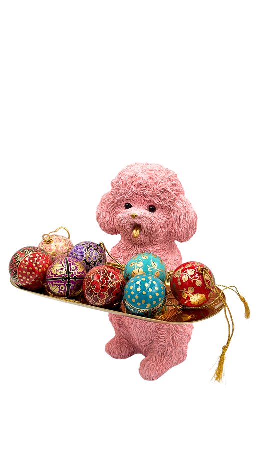 Pink Poodle Dog Holding Gold Tray