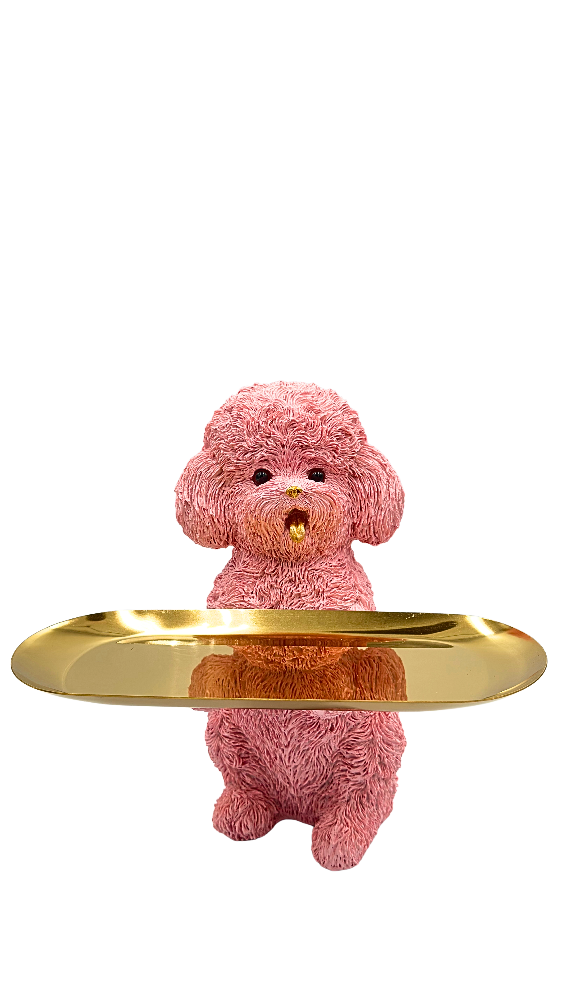 Pink Poodle Dog Holding Gold Tray