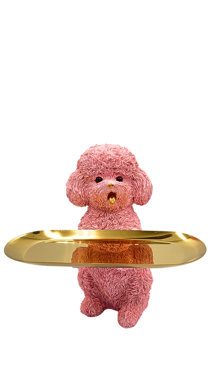 Pink Poodle Dog Holding Gold Tray